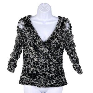 Tadashi Shoji Womens M Leopard Print Ruched Mesh Top V Neck 3/4 Sleeves Blouse